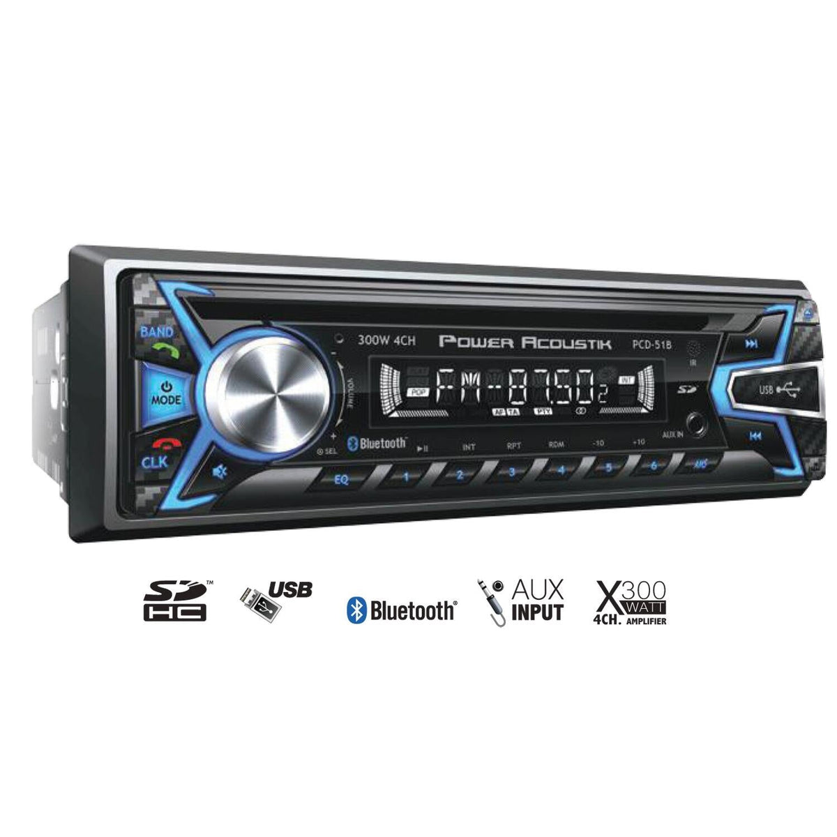 Power Acoustik PCD51B 1 Din Cd/mp3 (4 Channel) 300 Watt Digital Am/fm Receiver With Bluetooth, Detachable Face, Clock, Sd & Usb Playback Power Acoustik